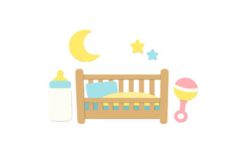 Obraz premium Bright colors and simple shapes create a nursery scene with a crib, baby bottle, rattle, and baby items on a white background