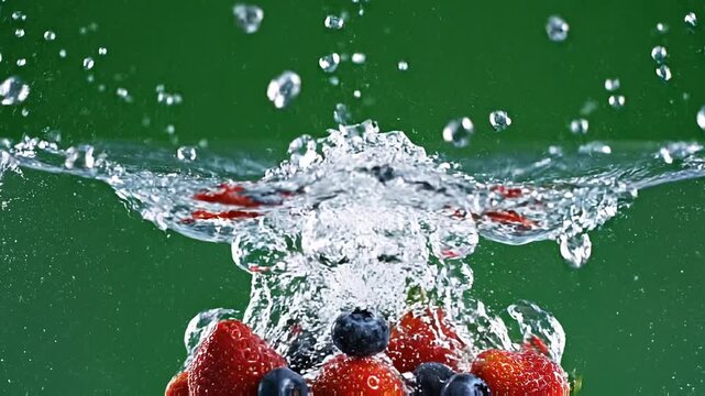 Fresh strawberries and blueberries splashing into clear water in slow motion.