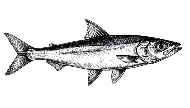 Vintage ink illustration of a herring fish, featuring intricate cross-hatching and realistic anatomical details in a classic engraving style.