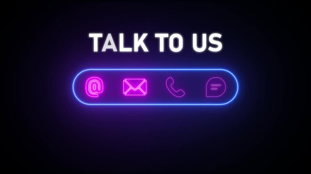 Neon talk to us icons with glowing text on dark background communication