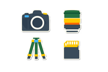 Camera, lens, tripod, and memory card displayed on a simple background for digital photography setup and equipment usage