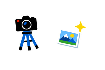 Camera and picture with mountains and sun during daytime showing the process of capturing memories