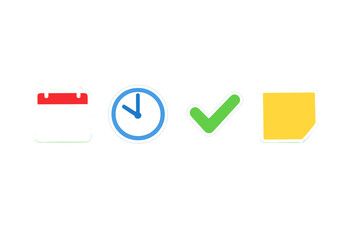 Symbols of a plan with calendar, clock, check mark, and sticky note illustrating task management and organization