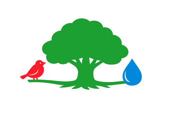 Tree with a red bird and blue water drop sits on a green branch in a simple graphic design