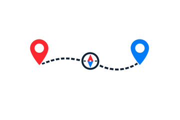 Map showing a journey from one location to another with markers for start and end points and a compass in the center guiding the way along a dotted line