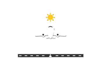 Airplane flying over a runway with sunlight in a clear sky during daytime in a travel scene