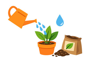 Watering a plant in a pot with soil and a watering can in a simple setting during daytime