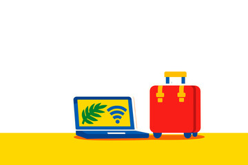 Planning a vacation with a suitcase and a laptop showing a tropical theme and WiFi symbol on a yellow background