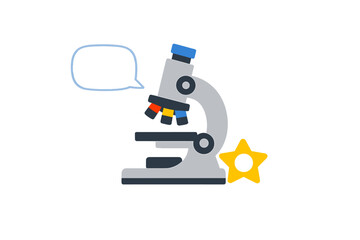 Microscope on a white background with a speech bubble and a star shape next to it showing science and education concepts