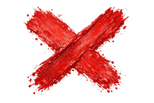 Red paint brush stroke forming an x mark, rejecting and deleting concepts with messy texture on transparent background
