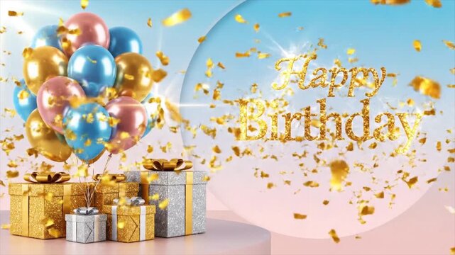 Happy Birthday Animation with Gold Shimmer Text, Confetti Explosion, Balloons, and Gift Boxes Celebration Background