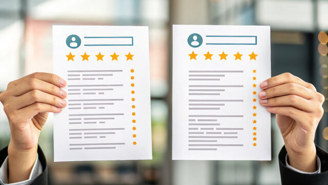 Human resources recruitment concept showing two hands holding employee evaluation forms with five star ratings and feedback