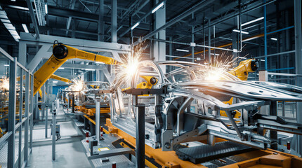 Automated Assembly: Robotic arms weld a car chassis in a modern manufacturing plant, showcasing efficiency and precision.