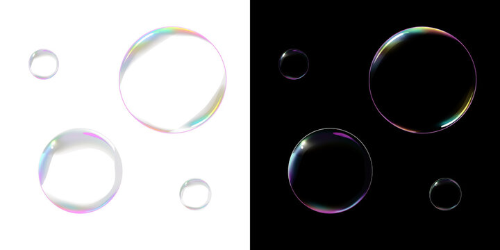 Four transparent soap bubbles of different sizes with colorful shades on split background. Realistic floating soap bubble illustration.
