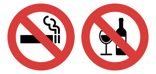 No Smoking and No Drinking Sign Set - Red Circle Prohibition Symbols for Cigarettes and Alcohol Consumption Restriction in Public Areas