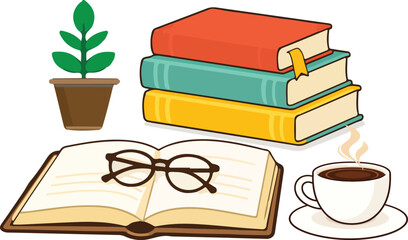Cozy Reading Illustration with Books, Coffee Cup, Glasses and Plant