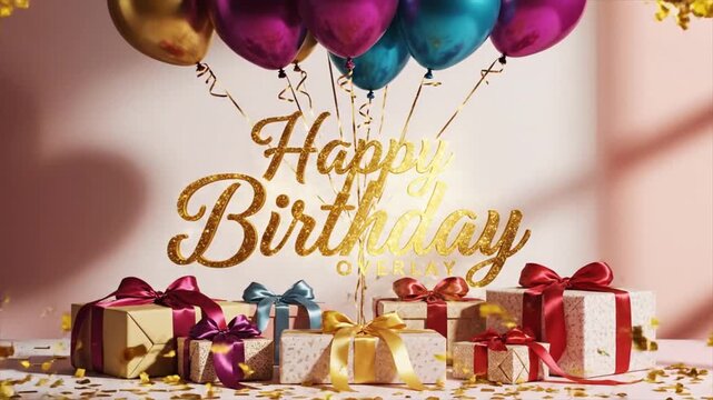 Luxurious Happy Birthday Greeting Animation with Gold Confetti Explosion, Shiny Balloons, and Wrapped Gift Boxes