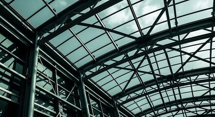 A large industrial building with a metal frame and glass roof panels under a cloudy sky