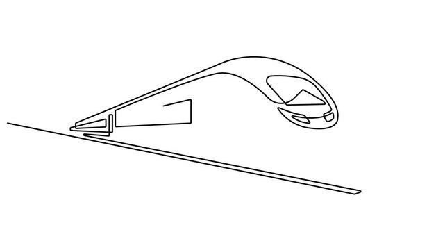 Animated self drawing of continuous one line bullet train speeding on the tracks carrying passengers, Affordable public transportation. Full length single line animation.  4K video