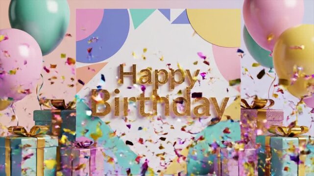 Colorful Happy Birthday Celebration Background with Glittering Text, Falling Confetti, Balloons, and Gift Boxes
