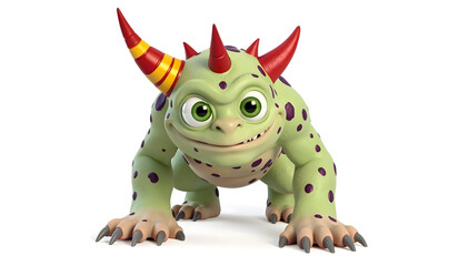 Fototapeta premium Cute green cartoon monster with big eyes and red horns, on a white background