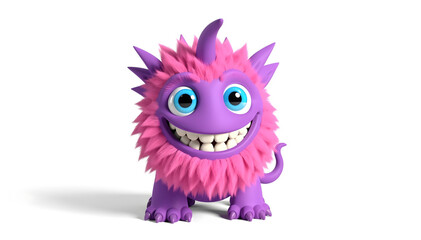 Fototapeta premium Cute purple and pink furry monster with big eyes and a wide smile, isolated on white