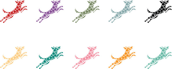 Fototapeta premium Dynamic dot art dog silhouettes in motion, Dog animal silhouettes circle mosaic style