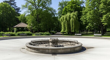 Obraz premium A serene park scene featuring a circular fountain surrounded by lush greenery and a gazebo in the background on a sunny day.