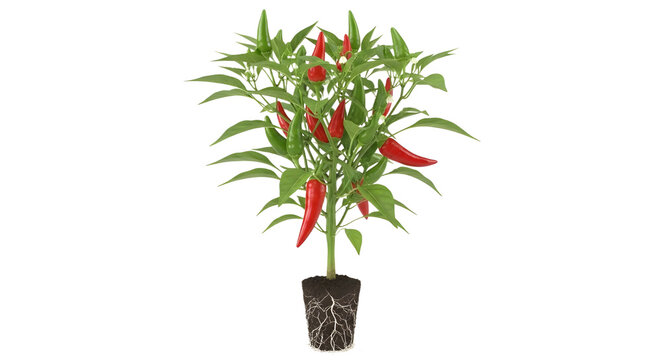 Small red chili pepper plant with green leaves and visible roots, isolated PNG with Transparent Background