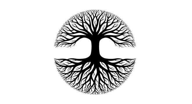 Stylized Tree with Intertwined Roots in a Circle, Isolated White Background