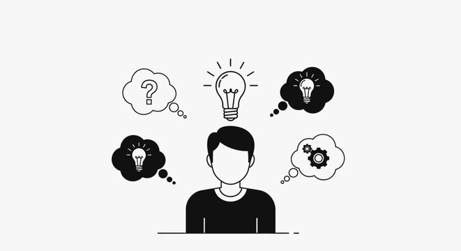 Thoughtful Man Deep in Contemplation with Various Thought Bubbles Depicting Ideas, Questions, and Problem Solving in a Bright Studio.