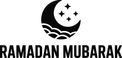 Ramadan Mubarak crescent moon stars icon, minimal black religious greeting design, modern vector illustration for holy month celebration, islamic, festival © Nilufa Creative