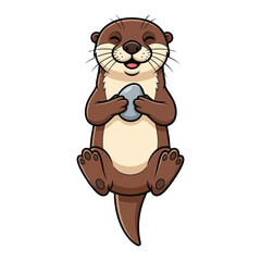 Naklejka premium A cheerful cartoon otter holding a stone in a cute pose against a clean white background.