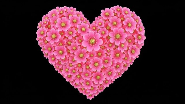 A heart shaped arrangement of pink flowers on a black background