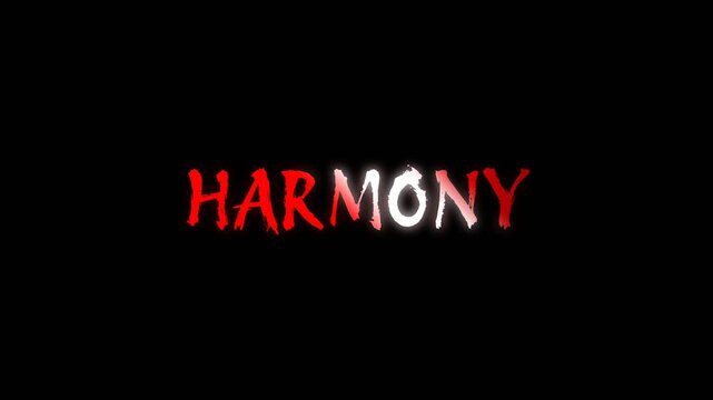Harmony word text animation with red and white typography on a dark background, suitable for balance, unity, peace, and positive relationship concepts.
