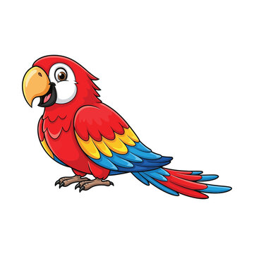 Colorful cartoon parrot standing on a plain white background