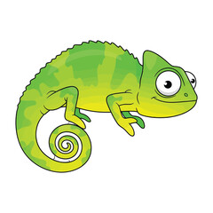 Fototapeta premium A cartoon green chameleon with a curled tail on a white background