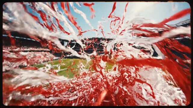 Explosive Red and White Streamer Tassels Bursting from Center Field of Soccer Stadium during Championship Celebration