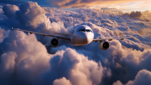 A majestic airplane soaring through vibrant, fluffy clouds during a breathtaking sunset, capturing the essence of travel, adventure, and freedom in the sky.