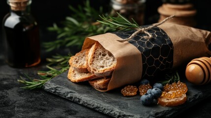Honey-infused toasted bread slices nestled in a paper packet.