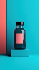 Modern glass bottle with a pink label on a teal display.
