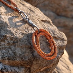Orange climbing rope secured to a rock face with a carabiner.