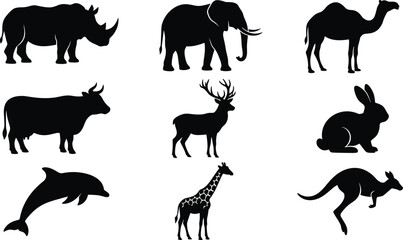 Wild and farm animal silhouettes set, elephant rhinoceros camel deer giraffe rabbit dolphin kangaroo cow vector illustration © Nilufa Creative