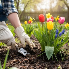Fototapeta premium Planting Spring Flowers with Garden Trowel