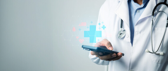 Doctor using smartphone with digital medical interface and healthcare icons. Concept of telemedicine, digital healthcare, medical technology, online consultation, health monitoring, and modern medical