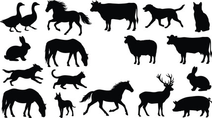 Farm and domestic animal silhouettes set, horse cow dog cat sheep rabbit deer pig vector illustration collection