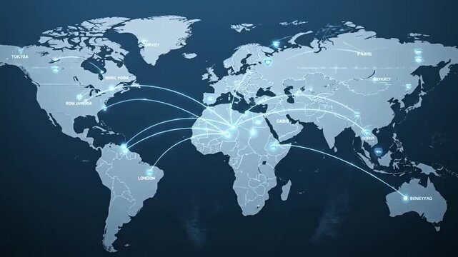 Global connections map with white lines on a dark blue background illustrating international relationships and travel routes across continents.