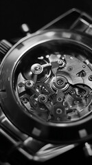Close-Up Of Mechanical Watch Movement With Gears And Springs In High-Detail Black And White