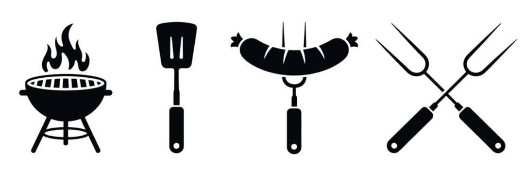 BBQ icons illustrating barbeque grill tools cooking food flames and outdoor grilling concepts for food design