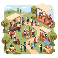 Obraz premium Vibrant outdoor community fair with food stalls and live music.